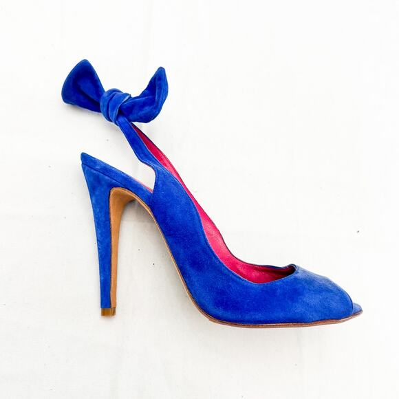 Mellow Yellow Blue Suede Peep Toe Pump Bow Accent Slingback Size 40 Mint Paris - Picture 5 of 6